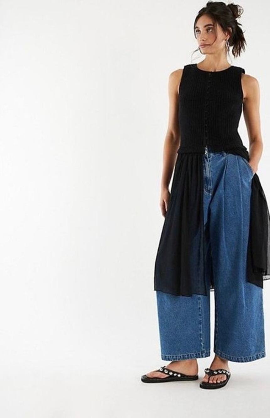 Free People Black Ribbed Button Front Sheer Tiered Midi Dress Size L Boho